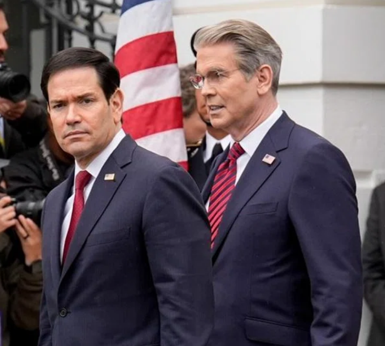 Two men in dark suits stand in front of an American flag as photographers snap nearby, looking serious and focused.